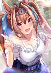 Rule 34 | 1girl, animal ears, bare shoulders, breasts, brown hair, cleavage, commentary request, daiwa scarlet (umamusume), day, duplicate, dutch angle, fang, hair intakes, halterneck, horse ears, horse girl, izumi akane, large breasts, long hair, looking at viewer, off-shoulder shirt, off shoulder, open mouth, outdoors, plaid, plaid skirt, pointing, puffy short sleeves, puffy sleeves, red eyes, shirt, short sleeves, skirt, solo, sunlight, tiara, twintails, umamusume, very long hair, white shirt