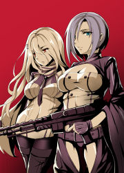 Rule 34 | 2girls, belt, black footwear, black legwear, blonde hair, blue eyes, blue hair, boots, breasts, cleavage, fingerless gloves, girls&#039; frontline, gloves, gun, hair ornament, hairclip, hand on weapon, holding, holding weapon, long hair, looking at viewer, looking down, medium breasts, medium hair, mg5 (girls&#039; frontline), mg mg, multiple girls, nail polish, necktie, pantyhose, pk (girls&#039; frontline), red background, red eyes, rifle, scarf, weapon, yuemanhuaikong