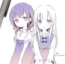 Rule 34 | 2girls, art tools in frame, black bow, blush, bow, character request, closed mouth, collared shirt, commentary request, dress, high-waist skirt, highres, long hair, looking at viewer, multiple girls, photo (medium), project sekai, purple dress, purple eyes, purple hair, purple skirt, purple theme, shirt, signature, skirt, sleeveless, sleeveless dress, smile, sofra, traditional media, twitter username, very long hair, white background, white hair, white shirt