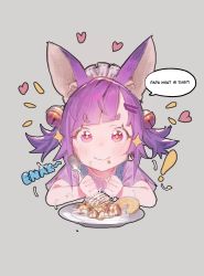 Rule 34 | !, 1girl, animal ears, bell, blush, closed mouth, diamond-shaped pupils, diamond (shape), english text, fang, fang out, food, godekasu, grey background, hair bell, hair ornament, hairband, hairclip, heart, highres, holding, holding spoon, jingle bell, original, plate, purple eyes, purple hair, simple background, skin fang, smile, solo, spoon, symbol-shaped pupils