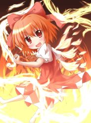 Rule 34 | 1girl, achi cirno, alternate color, alternate element, barefoot, cirno, dress, female focus, fire, gradient background, hair ribbon, open mouth, red eyes, red hair, ribbon, short hair, solo, touhou, yuya (minus-k)