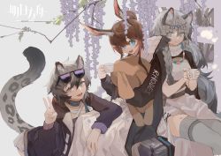 Rule 34 | 3girls, absurdres, amiya (arknights), animal ears, arknights, black collar, black jacket, blue eyes, braid, cliffheart (arknights), clothes writing, collar, cup, dress, eyewear on head, grey background, grey eyes, grey thighhighs, hair between eyes, hand up, highres, holding, holding cup, indoors, jacket, jewelry, leopard ears, leopard girl, leopard tail, long hair, long sleeves, multiple girls, necklace, open clothes, open jacket, open mouth, ponytail, pramanix (arknights), purple jacket, rabbit ears, rabbit girl, short hair, siblings, side braids, sidelocks, simple background, sisters, sitting, sunglasses, tail, thighhighs, tiara, turtleneck, v, white dress, yumingtongxue