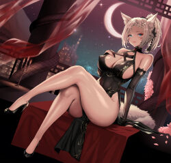 Rule 34 | 1girl, animal ears, arm warmers, bare legs, black dress, black footwear, blue eyes, breasts, cat ears, cleavage, commission, covered erect nipples, crescent moon, crossed legs, curtains, dress, facial mark, final fantasy, final fantasy xiv, grey hair, hair ribbon, hand on own chest, high heels, high ponytail, highres, large breasts, light smile, looking at viewer, mad kimo, moon, parted lips, patent heels, pelvic curtain, pumps, ribbon, shoes, sitting, sky, solo, star (sky), starry sky, stiletto heels, thick thighs, thighs, tight clothes, tight dress, warrior of light (ff14), whisker markings