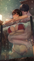 Rule 34 | 1boy, 1girl, absurdres, against glass, armpits, bikini, bikini bottom aside, black hair, breast press, breasts, breasts on glass, brown eyes, brown hair, clenched teeth, clothing aside, crossed arms, disgust, disto, empty eyes, eyebrows hidden by hair, groin, hetero, highres, hug, hug from behind, implied sex, large breasts, long hair, multi-strapped bikini, original, outdoors, parted lips, partially submerged, pool, pussy, red bikini, short hair, snowing, solo focus, string bikini, swimsuit, teeth, toned, toned male, winter