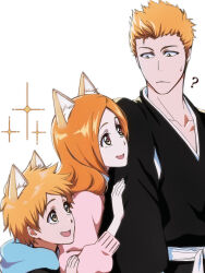 Rule 34 | 1girl, 2boys, ?, animal ears, bleach, blue hoodie, collarbone, commentary, couple, english commentary, family, father and son, fox ears, height difference, hetero, highres, hood, hoodie, husband and wife, inoue orihime, kurosaki ichigo, kurosaki kazui, long hair, long sleeves, looking at another, mother and son, multiple boys, open mouth, orange hair, pink sweater, rozuberry, short hair, sweater, upper body
