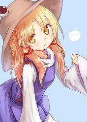 Rule 34 | 1girl, baram, blonde hair, blue background, blush, breasts, collarbone, commentary, frog, hair ribbon, hand up, hat, head tilt, leaning forward, long hair, long sleeves, looking at viewer, moriya suwako, parted lips, purple skirt, purple vest, red ribbon, ribbon, sidelocks, simple background, skirt, sleeves past wrists, small breasts, solo, touhou, upper body, vest, wide sleeves, yellow eyes