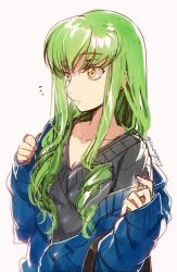 Rule 34 | 1girl, bag, breasts, c.c., cleavage, code geass, creayus, green hair, grey background, handbag, long hair, simple background, sleeves past wrists, solo, sweater, twitter username, v-neck, white background, yellow eyes