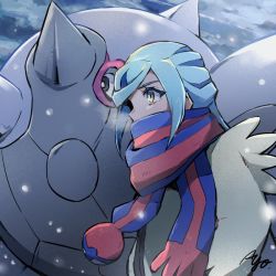 Rule 34 | 1boy, ayo (ayosanri009), blue hair, breath, cetitan, coat, commentary request, creatures (company), eyelashes, from side, game freak, grusha (pokemon), long hair, male focus, nintendo, outdoors, poke ball print, pokemon, pokemon (creature), pokemon sv, red scarf, scarf, signature, snowing, two-tone scarf, upper body, yellow eyes