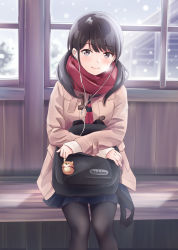 Rule 34 | 1girl, backpack, bag, bench, black bag, black hair, black pantyhose, black skirt, blurry, blurry background, breath, charm (object), coat, commentary request, depth of field, dog, duffel coat, earbuds, earphones, grey eyes, highres, holding, holding bag, indoors, looking at viewer, low twintails, neckerchief, original, pantyhose, pink coat, pleated skirt, red neckerchief, red scarf, scarf, school uniform, short hair, sitting, skirt, sleeves past wrists, smile, snowing, solo, sweater, twintails, unworn backpack, unworn bag, white sweater, window, winter, wooden bench, yukimaru217