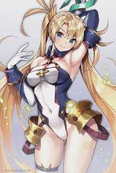 Rule 34 | 1girl, armpits, artist name, blonde hair, blue eyes, blush, bradamante (fate), bradamante (first ascension) (fate), breasts, bridal garter, cleavage, closed mouth, covered navel, elbow gloves, fate/grand order, fate (series), gloves, highres, leotard, long hair, looking at viewer, medium breasts, revision, smile, solo, suishougensou, twintails, very long hair, white gloves