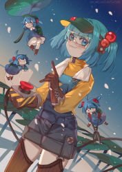 Rule 34 | 1girl, :3, absurdres, ahoge, alternate costume, bloomers, blue background, blue dress, blue eyes, blue hair, blue sky, brown footwear, brown gloves, brown thighhighs, buttons, dress, gloves, green bag, green headwear, hair bobbles, hair ornament, highres, kappa, kappa mob (touhou), kawashiro nitori, lily pad, long sleeves, mini person, minigirl, outdoors, overall shorts, overalls, pale skin, penzai fengli, rain, safety glasses, safety goggles, shirt, shorts, sky, smile, standing, thighhighs, touhou, two side up, underwear, visor cap, watermark, wire, wire cutters, yellow shirt