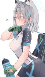 Rule 34 | animal ear fluff, animal ears, bag, bike shorts, blue archive, blush, bottle, breasts, bright pupils, cross hair ornament, gloves, green gloves, grey hair, hair between eyes, hair ornament, halo, highres, holding, holding bottle, looking at viewer, medium breasts, official alternate costume, riding outfit, shiroko (blue archive), shiroko (cycling) (blue archive), short sleeves, shoulder bag, simple background, sweat, white background, wiping sweat, wolf ears, yuukun mk-ii