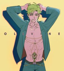 Rule 34 | 1boy, arms up, belt, biting necklace, chain, formal, green eyes, green hair, hands on own head, highres, jacket, jewelry, male focus, navel piercing, necklace, necklace in mouth, nipple chain, nipple piercing, nu carnival, olivine (nu carnival), open clothes, open jacket, piercing, short hair, simple background, solo, suit