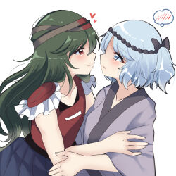 Rule 34 | 2others, androgynous, black headband, blue eyes, blue hair, blue skirt, blush, closed mouth, commentary request, fujiwara no iyozane, green hair, hachimaki, headband, heart, highres, hug, japanese clothes, kimono, len&#039;en, light blue hair, long hair, medium hair, multiple others, nejiri hachimaki, other focus, ougi hina, parted lips, pleated skirt, purple kimono, red eyes, side ponytail, simple background, skirt, smile, sweat, thought bubble, white background, wide sleeves