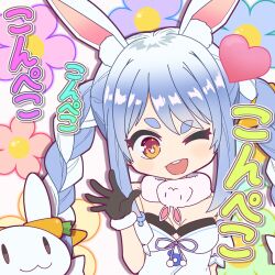 Rule 34 | 1girl, 1other, :3, animal ears, blue hair, braid, breasts, carrot hair ornament, cleavage, commentary, detached sleeves, don-chan (usada pekora), floral background, food-themed hair ornament, fur-trimmed gloves, fur trim, gloves, hair ornament, heart, highres, hololive, leizero, multicolored hair, one eye closed, open mouth, orange eyes, pekomon (usada pekora), puffy short sleeves, puffy sleeves, rabbit-shaped pupils, rabbit ears, rabbit girl, raised eyebrow, round teeth, short sleeves, sidelocks, small breasts, smile, solid oval eyes, symbol-shaped pupils, teeth, thick eyebrows, translation request, twin braids, two-tone hair, upper body, usada pekora, usada pekora (1st costume), virtual youtuber, white hair
