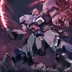 Rule 34 | absurdres, armor, battle, beam rifle, beam saber, blue armor, blurry, blurry foreground, cable, cosmo-5, duel, earth federation, energy, energy gun, glowing, grey armor, gundam, gundam unicorn, gustav karl, highres, hose, machinery, mecha, mecha focus, mobile suit, mobile suit gundam, no humans, red eyes, robot, science fiction, signature, smoke, sparks, tube, weapon