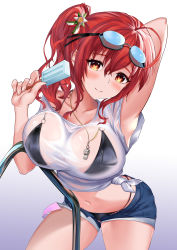 Rule 34 | 1girl, absurdres, ahoge, arm behind head, arm up, armpits, azur lane, bikini, bikini under clothes, black bikini, blush, breasts, chinese commentary, collarbone, commentary request, cowboy shot, denim, denim shorts, food, goggles, goggles on head, gradient background, grey background, hair between eyes, halterneck, highleg, highleg bikini, highres, holding, holding food, large breasts, leaning forward, long hair, looking at viewer, midriff, multi-strapped bikini, multiple straps, mz (yeye ai chipao mian), navel, o-ring, o-ring bikini, official alternate costume, open fly, pool ladder, popsicle, red hair, see-through, shirt, short shorts, short sleeves, shorts, side ponytail, sidelocks, simple background, smile, solo, standing, string bikini, swimsuit, t-shirt, taut clothes, taut shirt, tied shirt, wet, wet clothes, wet shirt, whistle, whistle around neck, white background, white shirt, zara (azur lane), zara (poolside coincidence) (azur lane)