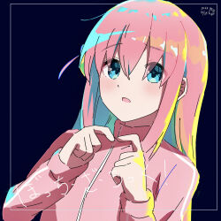 Rule 34 | 1girl, absurdres, artist logo, blue eyes, blush, bocchi the rock!, commentary, copyright name, cube hair ornament, dated, gotoh hitori, hair ornament, highres, jacket, long hair, long sleeves, looking at viewer, one side up, open mouth, own fingers together, pink hair, pink jacket, seisyuntarotto, sidelocks, solo, track jacket, upper body