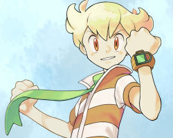 Rule 34 | 1boy, barry (pokemon), blonde hair, clenched hands, commentary request, creatures (company), donnpati, floating scarf, game freak, green scarf, hands up, looking at viewer, male focus, nintendo, orange eyes, pokemon, pokemon dppt, scarf, short hair, short sleeves, smile, solo, teeth, upper body