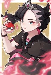 Rule 34 | 1girl, black hair, border, commentary request, creatures (company), dress, eyelashes, fire, game freak, gem, green eyes, green gemstone, hand up, highres, holding, holding poke ball, marnie (champion) (pokemon), marnie (pokemon), mocacoffee 1001, nail polish, nintendo, official alternate costume, parted lips, pink fire, pink nails, poke ball, poke ball (basic), pokemon, pokemon masters ex, short sleeves, signature, solo, tiara, white border, wristband