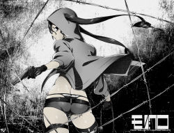Rule 34 | 1girl, arizuka (catacombe), ass, barbed wire, bikini, bikini bottom only, butt crack, chain, eyeliner, from behind, gloves, gun, highres, hood, hoodie, long hair, looking at viewer, looking back, makeup, monochrome, original, short shorts, shorts, solo, striped bikini, striped clothes, swimsuit, twintails, very long hair, weapon, whale tail (clothing)