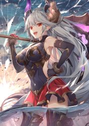 Rule 34 | 1girl, :d, armored boots, armpits, backlighting, bare shoulders, black gloves, black shirt, blue sky, boots, breasts, clothing cutout, cowboy shot, draph, elbow gloves, gloves, gold trim, granblue fantasy, grey hair, hand on own hip, hand up, highres, holding, holding weapon, horns, kaerunoko, large breasts, long hair, looking at viewer, miniskirt, open mouth, pointy ears, red eyes, red skirt, sharp teeth, shirt, side cutout, skirt, sky, sleeveless, sleeveless shirt, smile, solo, teeth, thigh boots, thighhighs, threo (granblue fantasy), very long hair, weapon, zettai ryouiki