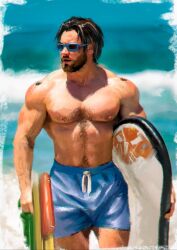 Rule 34 | 1boy, abs, absurdres, bara, beach, beard stubble, blue male swimwear, check copyright, copyright request, facial hair, hairy, highres, large pectorals, male swimwear, mature male, muscular, muscular male, navel, navel hair, nipples, original, painterly, pectorals, solo, sparse arm hair, sparse chest hair, stomach, stubble, sunglasses, topless male, unfinished, yueliang lian (1570050215)