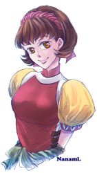 Rule 34 | 1girl, breasts, brown eyes, brown hair, closed mouth, gensou suikoden, gensou suikoden ii, looking at viewer, nanami (suikoden), short hair, simple background, smile, solo, white background