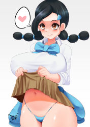 Rule 34 | black hair, blue sweater, blush, breasts, brown skirt, candice (pokemon), clothes around waist, clothes lift, creatures (company), fang, game freak, highres, huge breasts, large breasts, long hair, miniskirt, multi-tied hair, nintendo, panties, pokemon, pokemon dppt, skirt, skirt lift, sweater, sweater around waist, tiger1001, underwear, wide hips