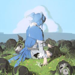 Rule 34 | 1girl, 7enn, bird girl, bird tail, bird wings, black hair, black tears, blue capelet, blue hair, blue sky, capelet, cloud, day, facing away, feathered wings, final fantasy, final fantasy xiv, flower, from behind, full body, grass, head wings, highres, hollow eyes, long sleeves, meteion, multiple persona, on grass, outdoors, severed head, short hair, sitting, sky, solo, spoilers, tail, talons, white flower, wings