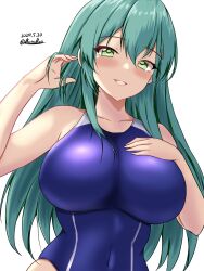 Rule 34 | 1girl, aqua eyes, aqua hair, blush, breasts, commentary, competition swimsuit, covered navel, dated, hair between eyes, hair ornament, hairclip, highres, kantai collection, large breasts, long hair, looking at viewer, montemasa, one-piece swimsuit, purple one-piece swimsuit, simple background, smile, solo, suzuya (kancolle), swimsuit, twitter username, two-tone swimsuit, upper body, white background
