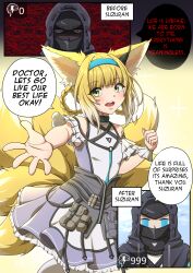 Rule 34 | 1girl, 1other, ambiguous gender, animal ears, arknights, bare shoulders, black collar, blonde hair, blue hairband, blush, braid, braided hair rings, clothing cutout, collar, colored tips, commentary, doctor (arknights), dress, earpiece, english commentary, english text, fox ears, fox girl, fox tail, frilled dress, frilled sleeves, frills, green eyes, hair rings, hairband, highres, infection monitor (arknights), kitsune, kyuubi, looking at viewer, material growth, multicolored hair, multiple tails, open mouth, oripathy lesion (arknights), pantyhose, purple dress, reaching, reaching towards viewer, short hair, shoulder cutout, speech bubble, suzuran (arknights), symmetricturd, tail, teeth, twin braids, two-tone hair, upper teeth only, white hair, wrist cuffs