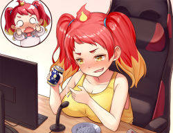 Rule 34 | 1girl, bare arms, bare shoulders, between fingers, blonde hair, blush, breasts, brown eyes, can, chair, chibi, cigarette, cleavage, collarbone, commentary request, desk, drawstring, fangs, gaming chair, hikasa tomoshika, holding, holding can, holding cigarette, hood, hood down, hoodie, computer keyboard, large breasts, long sleeves, microphone, monitor, multicolored hair, nose blush, o o, on chair, open mouth, puffy long sleeves, puffy sleeves, red hair, sleeves past wrists, smoke, swivel chair, tank top, tears, tenneko yuuri, two-tone hair, virtual youtuber, voms, white hoodie, yellow tank top