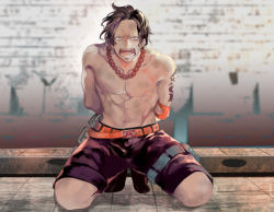 Rule 34 | 1boy, bad id, bad pixiv id, belt, black hair, chain, chained, freckles, jewelry, kneeling, male focus, marineford, necklace, one piece, portgas d. ace, roco64, short hair, shorts, solo, tattoo, thigh strap, topless male