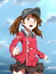 Rule 34 | &gt;:o, 10s, 1girl, :o, blue sky, blush, brown eyes, brown hair, brown skirt, clenched hands, cloud, cowboy shot, day, highres, japanese clothes, kantai collection, kariginu, long sleeves, looking at viewer, magatama, open mouth, pleated skirt, ryuujou (kancolle), skirt, sky, solo, tsushima ao, twintails, v-shaped eyebrows, visor cap