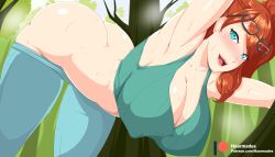 Rule 34 | 1girl, aqua eyes, armpits, ass, bent over, blush, breasts, butt crack, cleavage, clothes pull, covered erect nipples, creatures (company), crop top, eyelashes, forest, game freak, glasses, haarmades, highres, large breasts, looking at viewer, nature, nintendo, open mouth, outdoors, outstretched arms, pants, pants pull, patreon logo, patreon username, pokemon, pokemon swsh, ponytail, red hair, solo, sonia (pokemon), sweat, tree