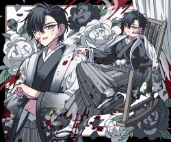Rule 34 | 1boy, bad id, bad twitter id, black border, black hair, black kimono, blood, blood on clothes, blood splatter, border, chair, commission, crossed legs, earrings, flower, grey eyes, hair between eyes, hakama, hand on own chin, hand up, haori, highres, inactive account, japanese clothes, jewelry, kimono, long sleeves, looking at viewer, male focus, meremero, multiple views, on chair, open mouth, original, rocking chair, rose, short hair, sitting, smile, white flower, white rose, wide sleeves