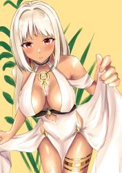Rule 34 | 1girl, azur lane, bad id, bad pixiv id, blush, body markings, breasts, breasts apart, center opening, clothes lift, cocktail dress, dark-skinned female, dark skin, dress, dress lift, evening gown, facial mark, forehead mark, gold choker, grey hair, jewelry, large breasts, leaning forward, looking at viewer, massachusetts (azur lane), massachusetts (dressed to impress) (azur lane), necklace, red eyes, revealing clothes, saku 32607991, short hair, solo, thigh strap, white dress