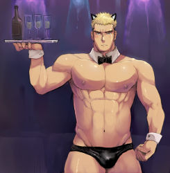 Rule 34 | 1boy, abs, alcohol, animal ears, bara, bottle, bulge, collar, costume, cuffs, looking at viewer, male focus, muscular, pectorals, solo, tagme, underwear, waiter, winemvee