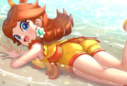 Rule 34 | 1girl, alternate costume, ass, bare shoulders, beach, blue eyes, blush, breast press, breasts, crown, earrings, from behind, gonzarez, highres, jewelry, legs, looking at viewer, looking back, lying, mario (series), mario kart, mario kart tour, medium breasts, nintendo, on stomach, open mouth, orange hair, princess daisy, shiny clothes, shiny skin, sideboob, smile, solo, swimsuit, the pose, tomboy, water, wet, wet clothes, wet hair