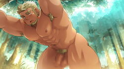 Rule 34 | 1boy, abs, armpit hair, armpits, bara, beard, blonde hair, blush, censored, completely nude, crave saga, dark-skinned male, dark skin, day, earrings, erection, excalibur (crave saga), facial hair, jewelry, large pectorals, male focus, male pubic hair, mosaic censoring, muscular, muscular male, navel, nipples, non-web source, nude, official art, outdoors, pectorals, penis, pubic hair, short hair, solo, suv (suv032), testicles, thick thighs, thighs