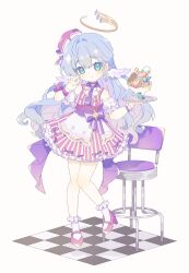 Rule 34 | absurdres, apron, aqua eyes, bow, cafe, chair, chibi, colored eyelashes, detached sleeves, dress, feathered wings, food, frills, halo, hat, head wings, highres, honkai: star rail, honkai (series), ice cream, komano shia, long hair, looking at viewer, pink dress, pink footwear, puffy short sleeves, puffy sleeves, purple bow, purple hair, robin (honkai: star rail), short sleeves, socks, striped clothes, striped dress, white socks, white wings, wings