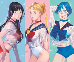 Rule 34 | 3girls, arm at side, arm behind back, arm behind head, arm up, bikini, bikini shorts, bishoujo senshi sailor moon, bishoujo senshi sailor moon stars, black hair, blouse, blue background, blue bikini, blue bow, blue bowtie, blue hair, blue sailor collar, blue shorts, bow, bowtie, brooch, choker, contrapposto, covered navel, cowboy shot, crescent moon, crop top, dayoungbyun, double bun, glasses, green background, hair bun, heart, heart brooch, hino rei, inner senshi, jewelry, juuban high school uniform, large bow, long hair, long sleeves, long twintails, looking at viewer, midriff, mizuno ami, moon, multicolored background, multiple girls, one-piece swimsuit, pendant, pink background, red bikini, ribbon choker, round eyewear, sailor collar, sailor mars, sailor mercury, sailor moon, sailor senshi, school uniform, see-through, shirt, short hair, short sleeves, shorts, single hair bun, standing, swimsuit, swimsuit under clothes, tsukino usagi, twintails, water drop, wet, wet clothes, white one-piece swimsuit, white shirt