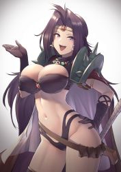 1girl, armor, bangs, belt, bikini, breasts, cape, circlet, cleavage, hair intakes, highleg, highleg bikini, highres, itaco, large breasts, long hair, looking at viewer, naga the serpent, navel, open mouth, pauldrons, purple bikini, purple eyes, purple hair, revealing clothes, shoulder armor, shoulder spikes, skull necklace, slayers, smile, solo, spikes, swimsuit, thighs