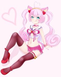 Rule 34 | 1girl, ahoge, animal ears, bare shoulders, bell, blue eyes, breasts, cat ears, cat tail, commentary request, full body, hairband, heart, high heels, highres, jingle bell, licking lips, long hair, midriff, miniskirt, nail polish, navel, pink hair, pink skirt, redamz, rosia (show by rock!!), shirt, show by rock!!, simple background, sitting, skirt, sleeveless, sleeveless shirt, small breasts, solo, tail, thighhighs, tiara, tongue, tongue out, twintails, very long hair, white background, white shirt