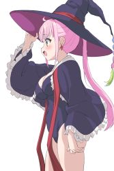 Rule 34 | 1girl, absurdres, black legwear, blush, breasts, cleavage, covered navel, earrings, female focus, from side, hat, highres, jewelry, kazairo kotone, large breasts, long hair, long sleeves, open mouth, pink hair, ponytail, rpg fudousan, simple background, sincos, solo, swimsuit, white background, witch hat