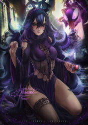 Rule 34 | 1girl, adapted costume, aura, axsen, breasts, cleavage, cleavage cutout, clothing cutout, corset, creatures (company), dark aura, game freak, gastly, gen 1 pokemon, ghost, glowing, hex maniac (pokemon), highres, holding, holding poke ball, lingerie, looking at viewer, nintendo, poke ball, poke ball (basic), pokemon, pokemon (creature), pokemon xy, revealing clothes, see-through, underwear