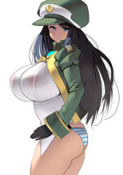 Rule 34 | 1girl, ass, black hair, blue eyes, breasts, gloves, hat, highres, huge breasts, impossible clothes, kouno (masao), long hair, looking at viewer, no pants, original, panties, profile, solo, striped clothes, striped panties, swept bangs, underwear, uniform, white background