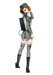 Rule 34 | 10s, 1girl, :d, absurdres, boots, brown hair, full body, garrison cap, hat, headset, heer, heli, highres, koizumi hanayo, love live!, love live! school idol project, military, military uniform, open mouth, purple eyes, radio, simple background, smile, solo, standing, striped clothes, striped thighhighs, swastika, thighhighs, uniform, wehrmacht, white background, zettai ryouiki