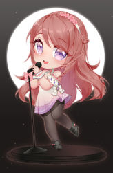 Rule 34 | 1girl, beescuit, black footwear, blush, bow, brown hair, chibi, commentary, commission, english commentary, head tilt, high heels, holding, holding microphone stand, indie virtual youtuber, long hair, microphone, microphone stand, nina saotome, open mouth, pantyhose, pink bow, smile, solo, virtual youtuber